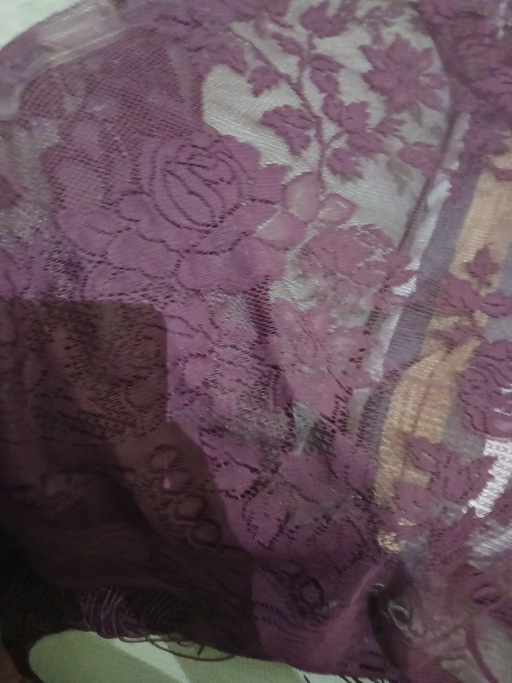 Sheer Floral Lace Shawl in Deep Burgundy With Fringe - Picture 4 of 4
